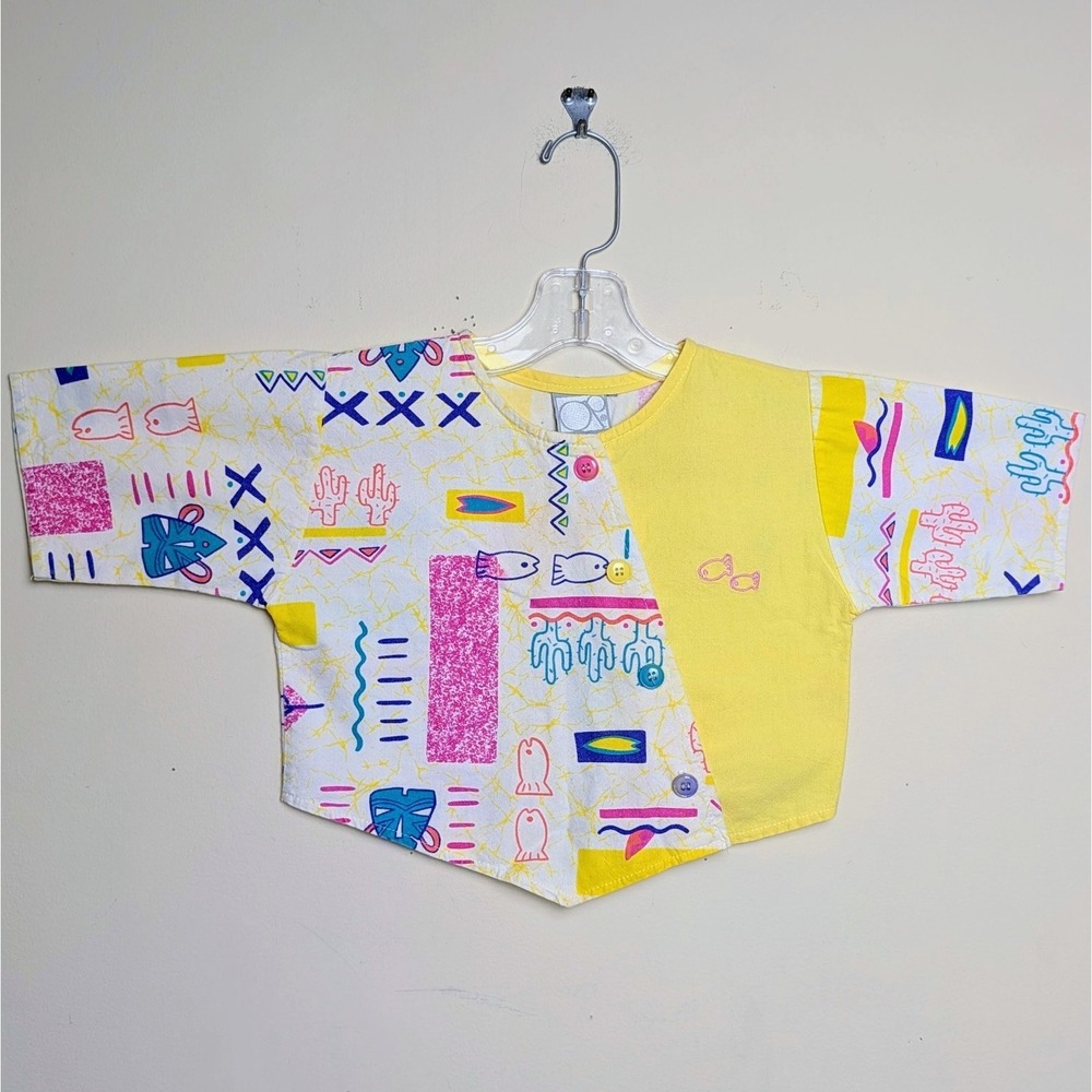 Vintage Ocean Pacific 80s Skate Surf Neon All Over Print Girls Crop Top Size 5-6